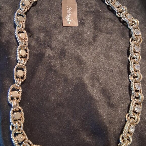 NWT Natasha Goldtone Link Necklace with Faux Crystal Stones - Picture 1 of 5